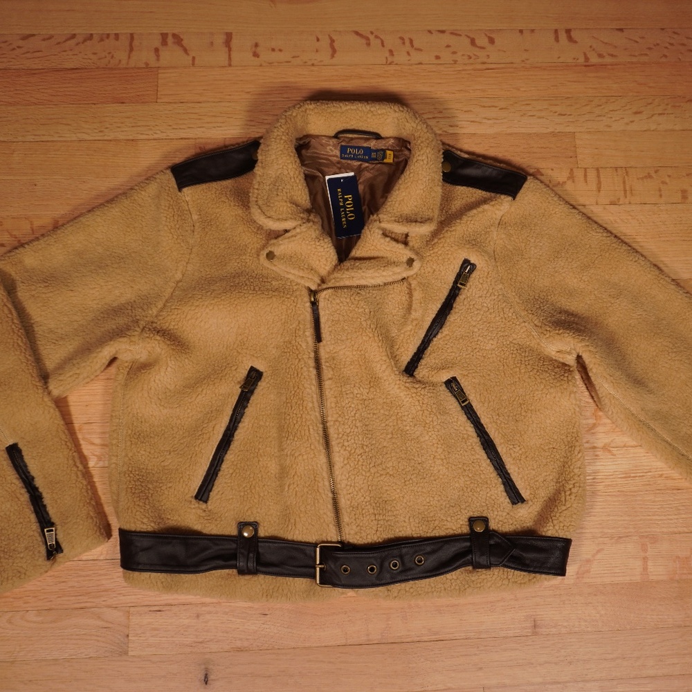 Polo Ralph Lauren Sherpa Leather Moto Jacket Camel XXL Polyester Brand New